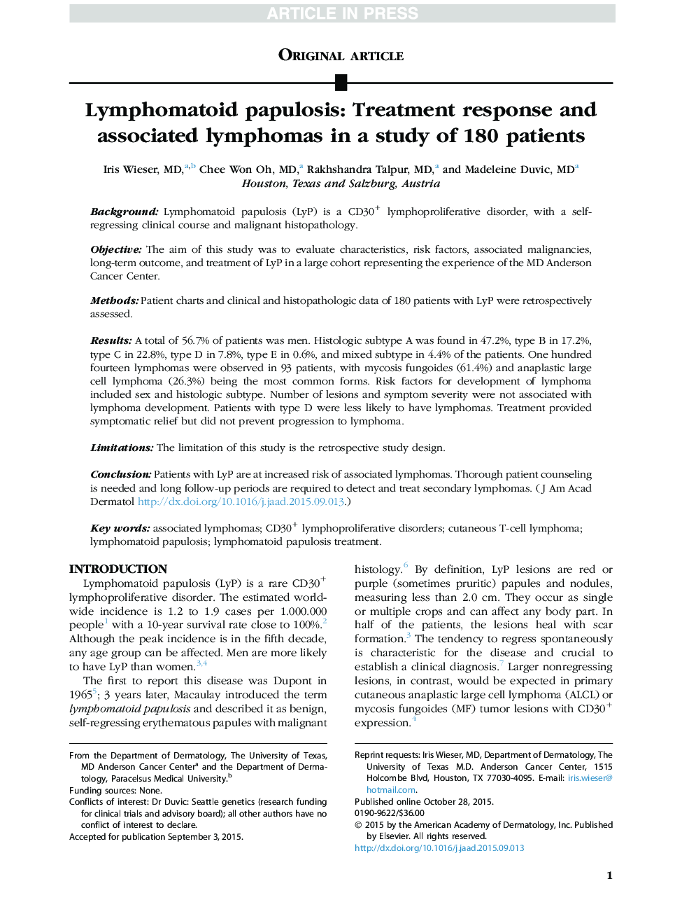 Lymphomatoid papulosis: Treatment response and associated lymphomas in a study of 180 patients