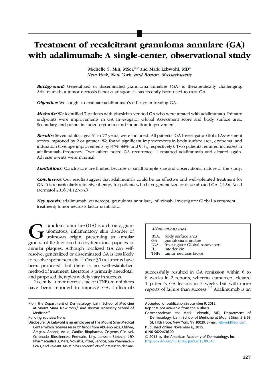 Original articleTreatment of recalcitrant granuloma annulare (GA) with adalimumab: A single-center, observational study