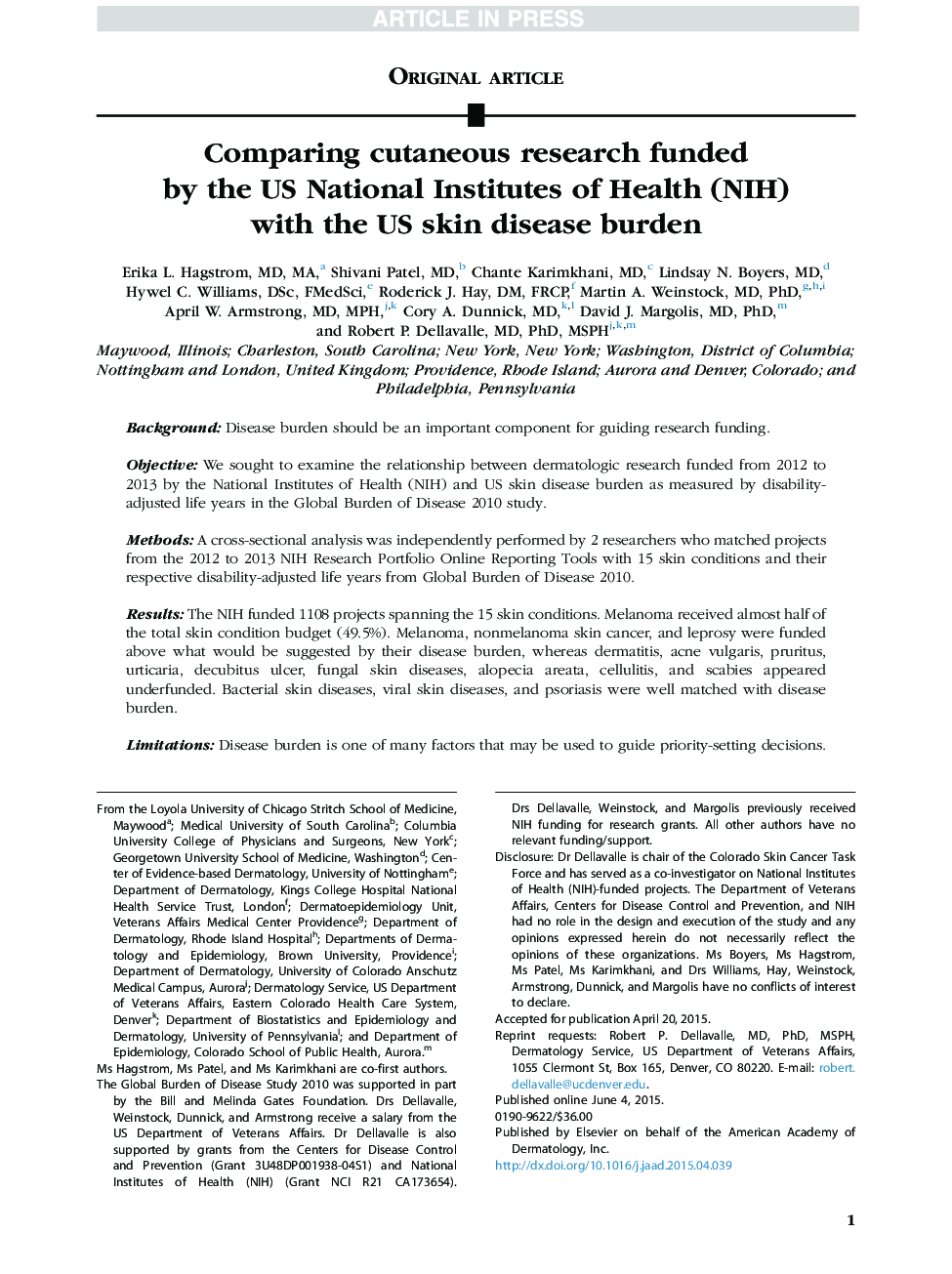 Comparing cutaneous research funded by the US National Institutes of Health (NIH) with the US skin disease burden