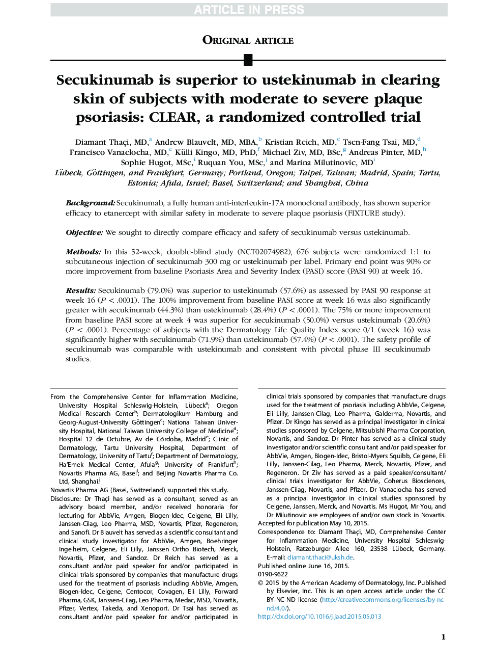 Secukinumab is superior to ustekinumab in clearing skin of subjects with moderate to severe plaque psoriasis: CLEAR, a randomized controlled trial
