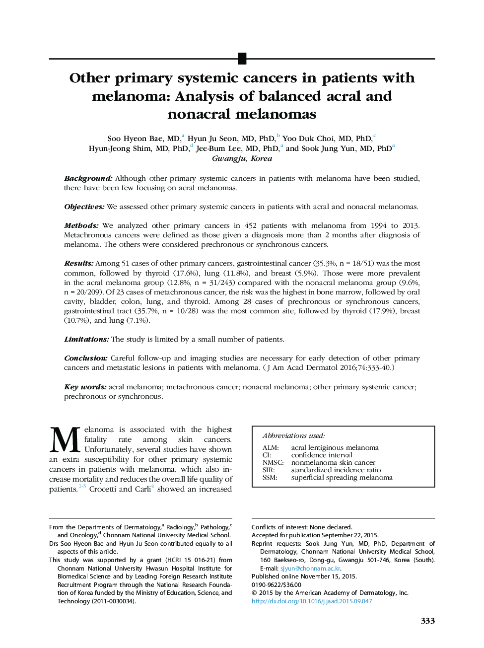 Original articleOther primary systemic cancers in patients with melanoma: Analysis of balanced acral and nonacral melanomas