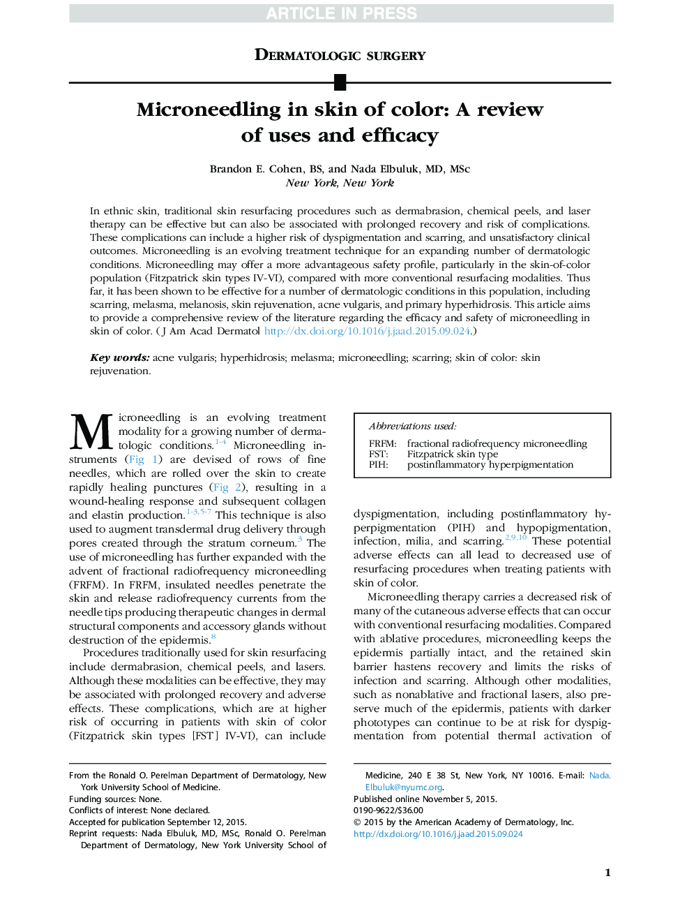 Microneedling in skin of color: A review of uses and efficacy