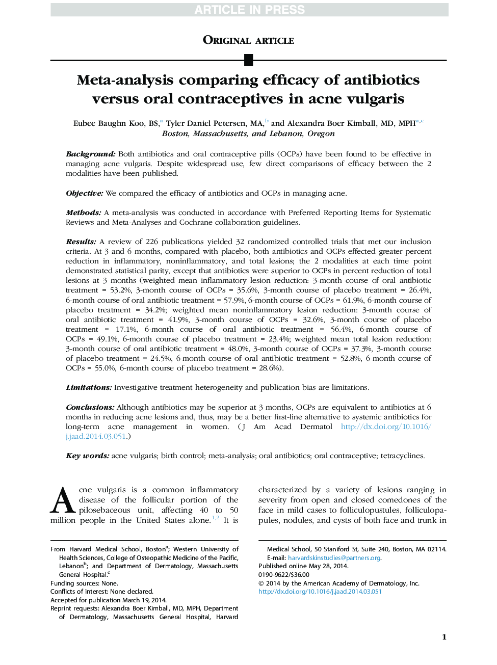 Meta-analysis comparing efficacy of antibiotics versusÂ oral contraceptives in acne vulgaris