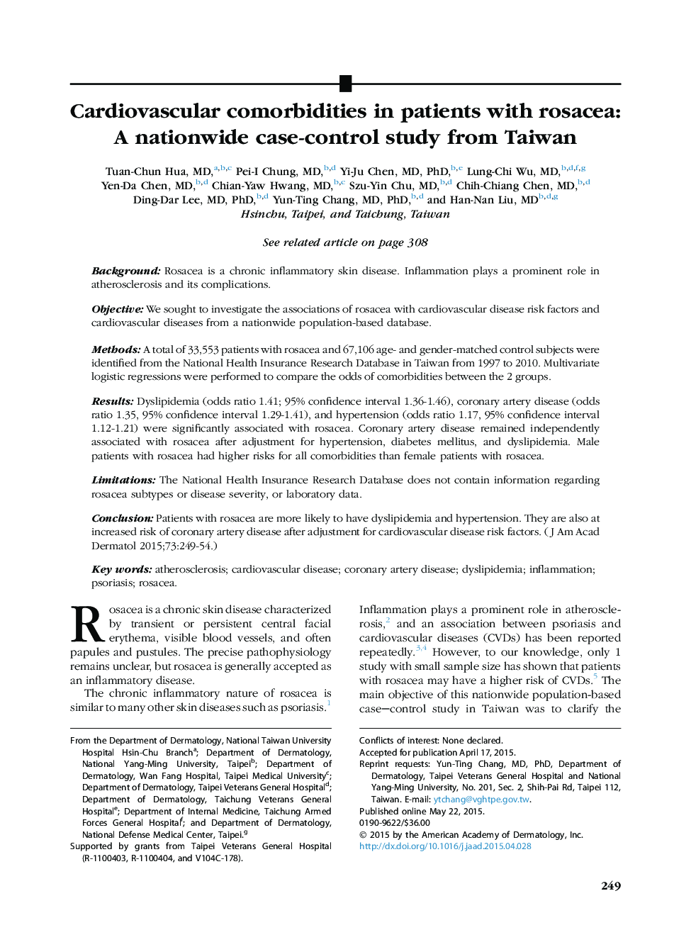 Original articleCardiovascular comorbidities in patients with rosacea: A nationwide case-control study from Taiwan