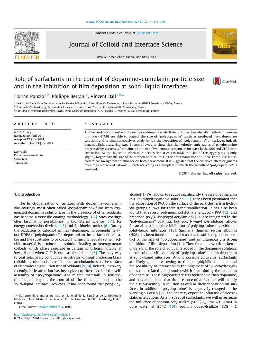 Role of surfactants in the control of dopamine–eumelanin particle size and in the inhibition of film deposition at solid–liquid interfaces