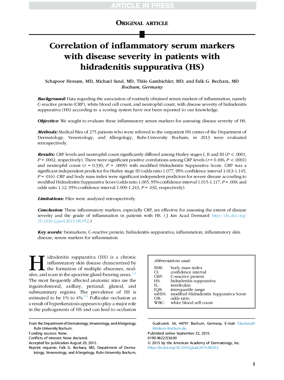 Correlation of inflammatory serum markers with disease severity in patients with hidradenitis suppurativa (HS)