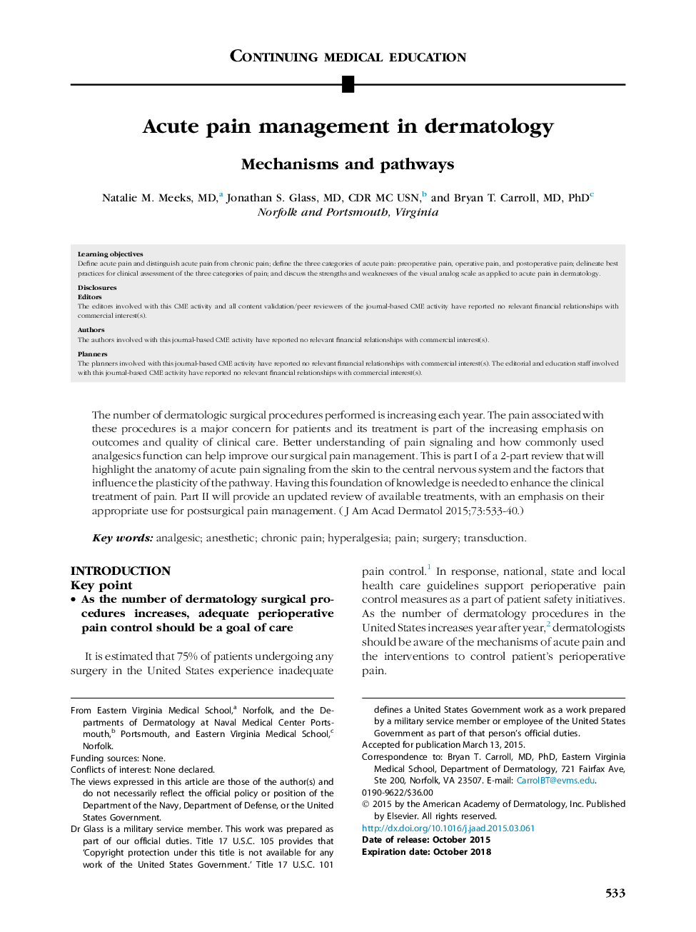 Acute pain management in dermatology