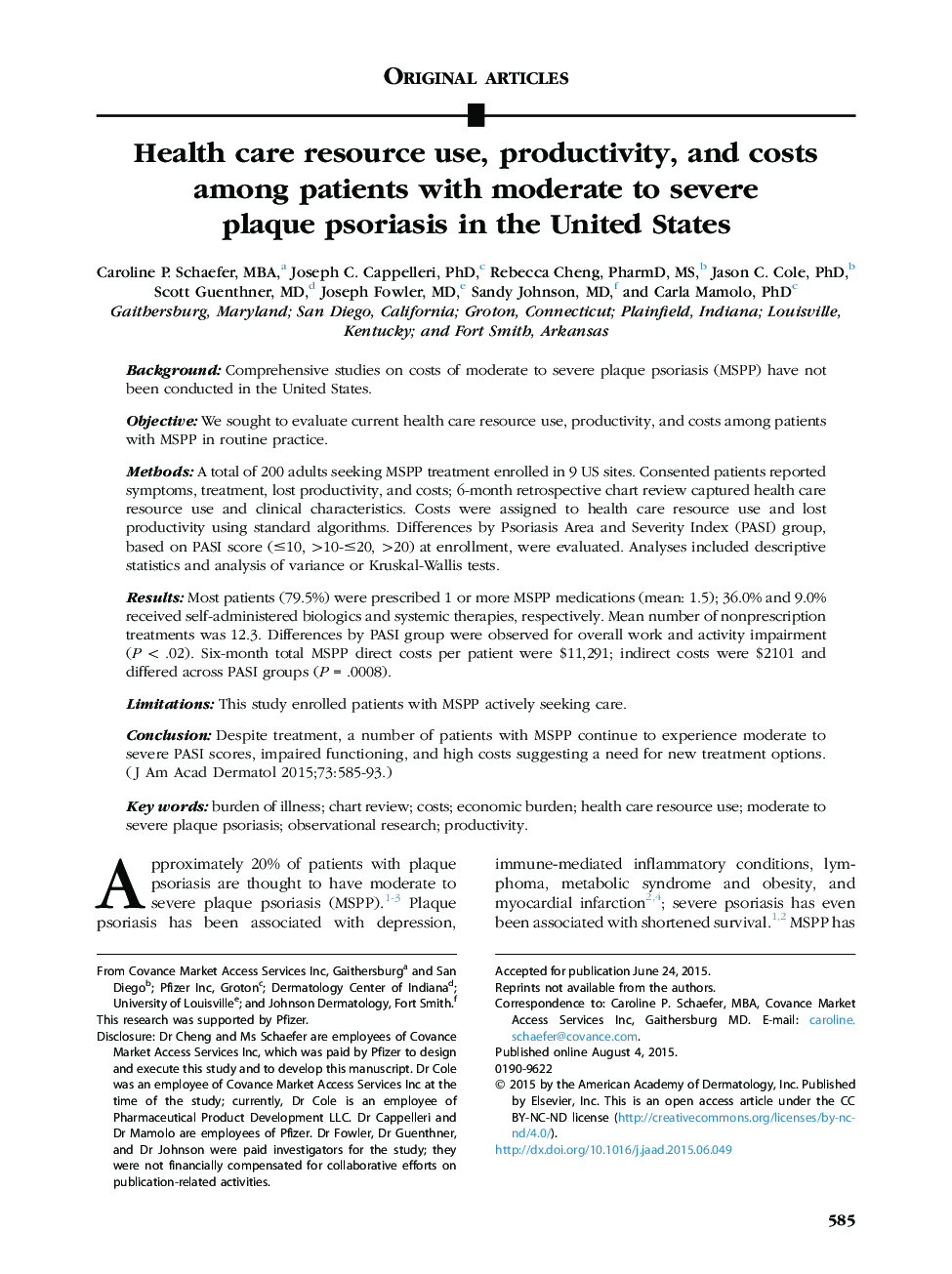 Original articleHealth care resource use, productivity, and costs among patients with moderate to severe plaque psoriasis in the United States
