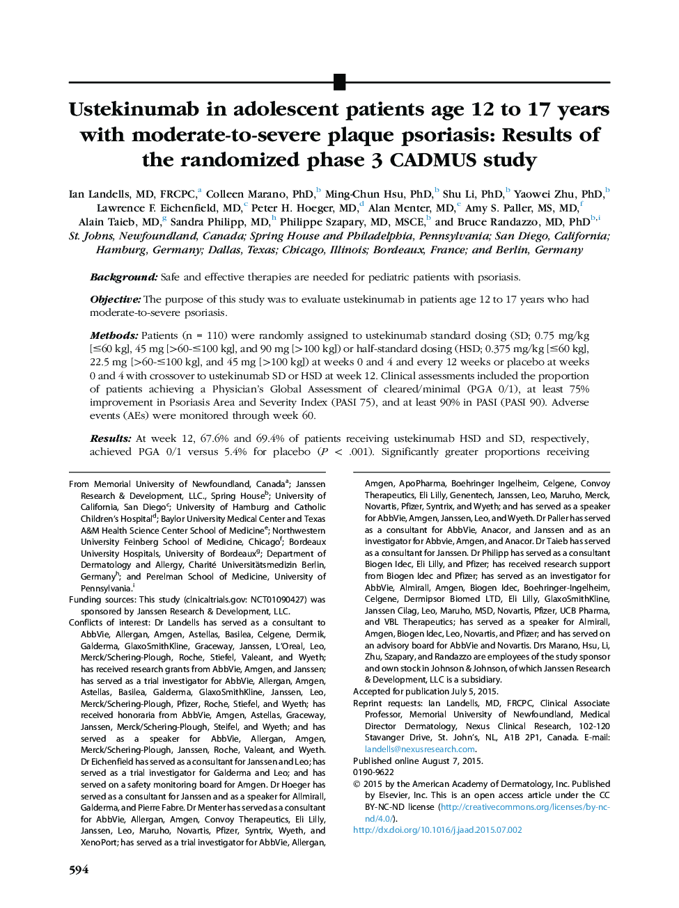 Ustekinumab in adolescent patients age 12 to 17Â years with moderate-to-severe plaque psoriasis: Results of the randomized phase 3 CADMUS study