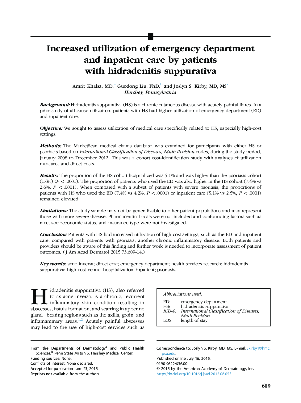 Original articleIncreased utilization of emergency department and inpatient care by patients with hidradenitis suppurativa