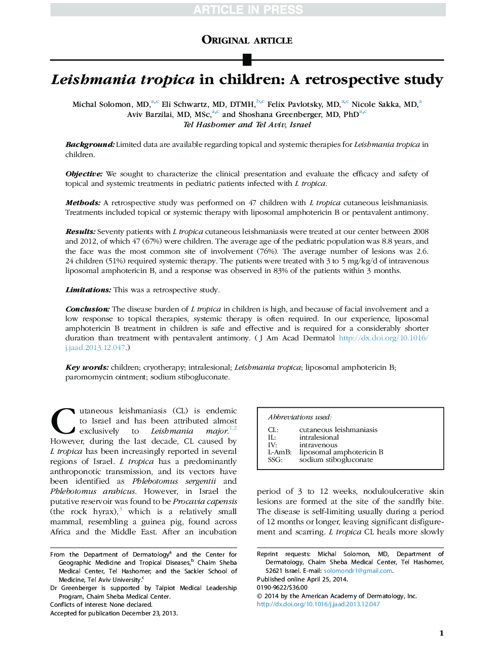 Leishmania tropica in children: A retrospective study