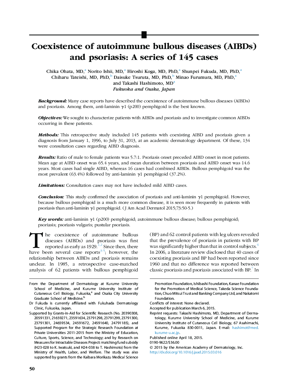 Original articleCoexistence of autoimmune bullous diseases (AIBDs) and psoriasis: A series of 145 cases