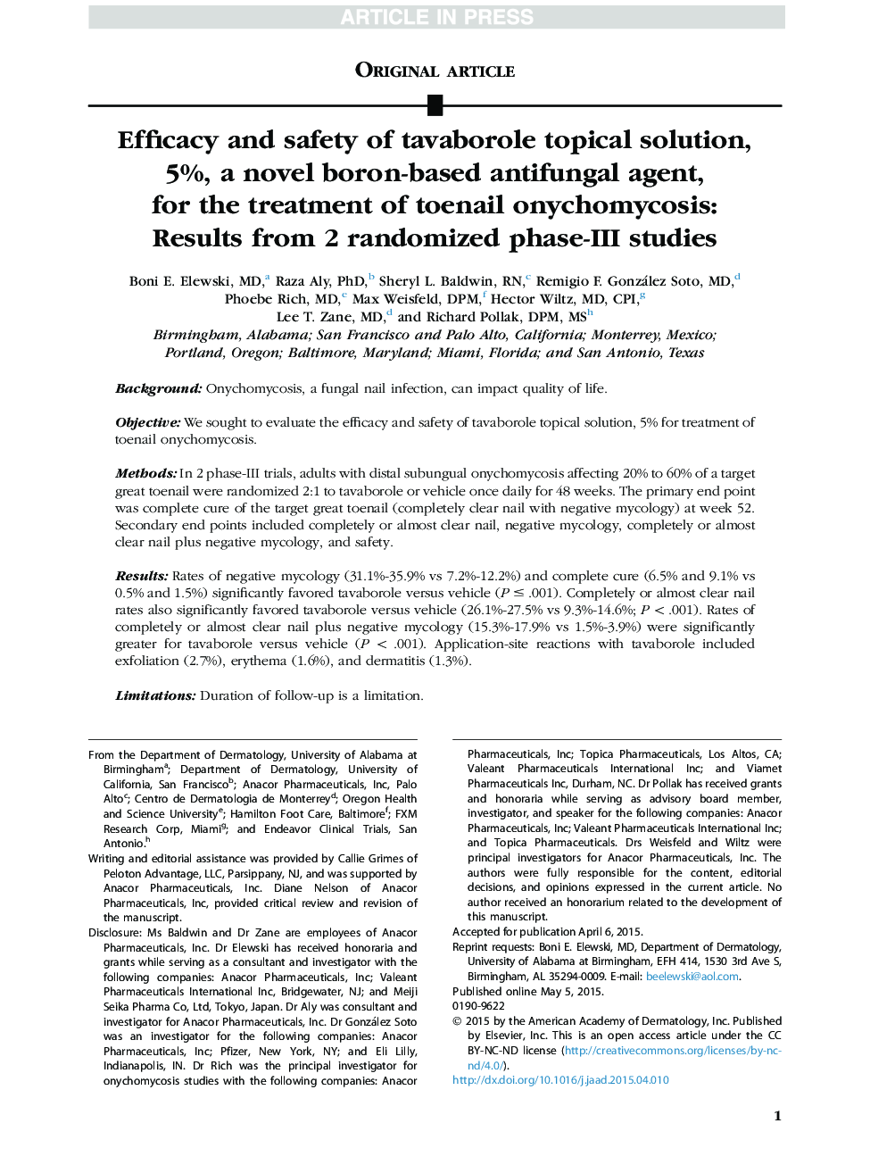 Efficacy and safety of tavaborole topical solution, 5%, a novel boron-based antifungal agent, for the treatment of toenail onychomycosis: Results from 2 randomized phase-III studies