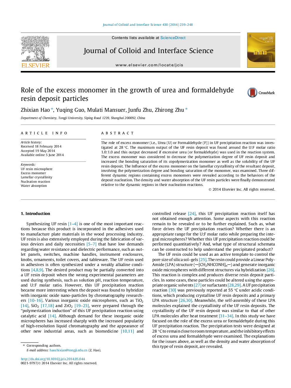 Role of the excess monomer in the growth of urea and formaldehyde resin deposit particles