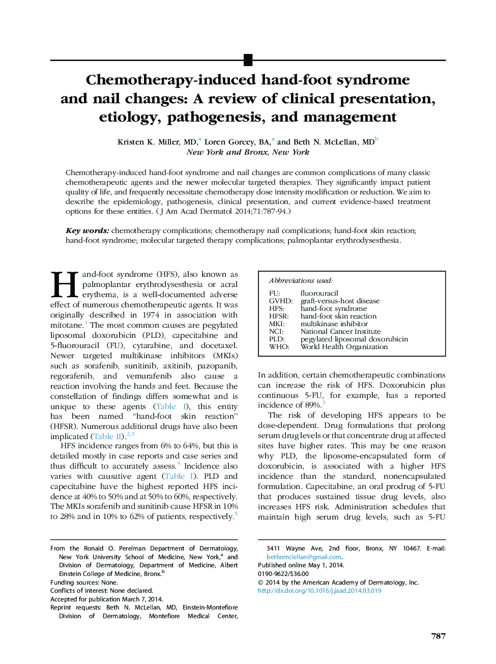 Chemotherapy-induced hand-foot syndrome andÂ nailÂ changes: A review of clinical presentation, etiology, pathogenesis, and management