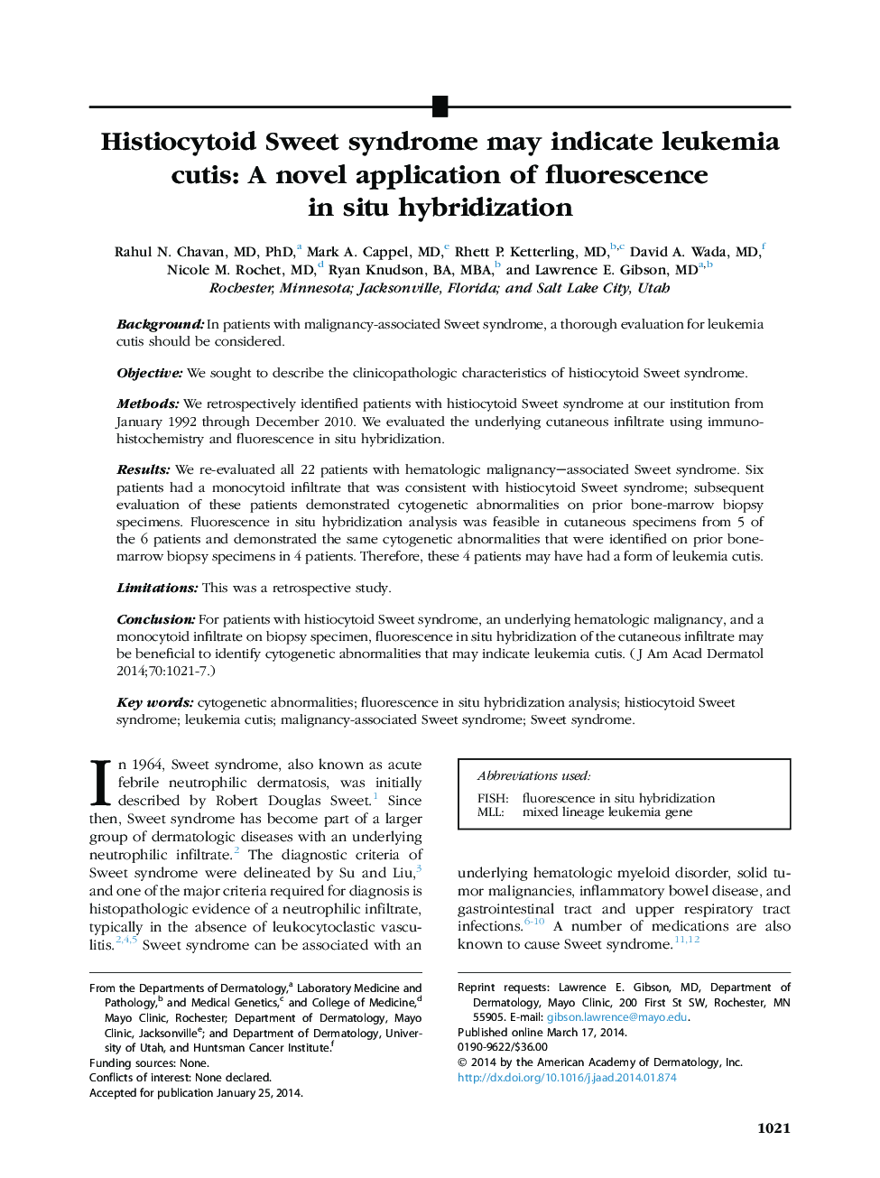 Histiocytoid Sweet syndrome may indicate leukemia cutis: A novel application of fluorescence in situ hybridization