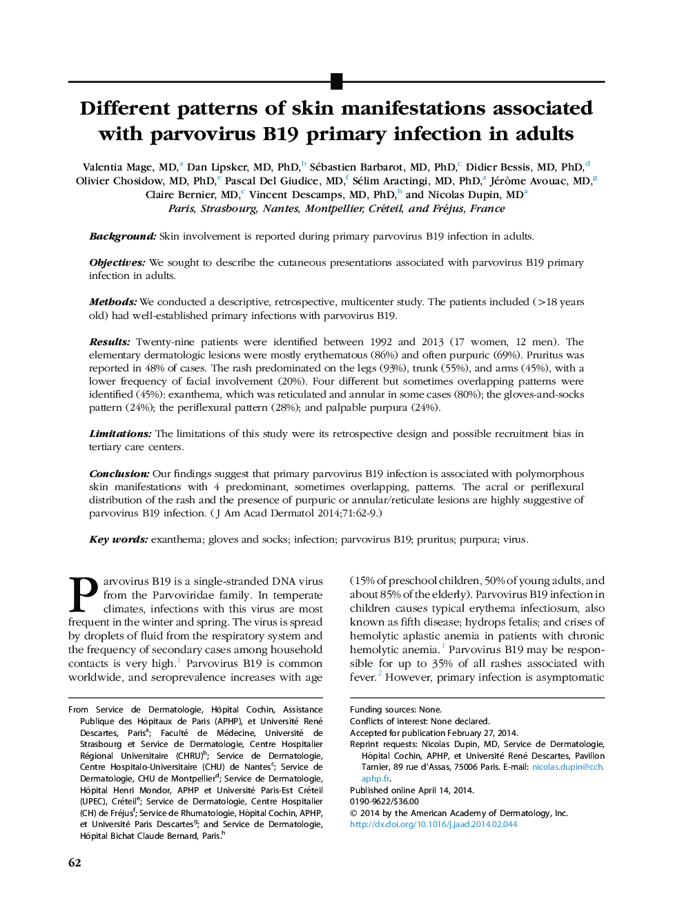 Original articleDifferent patterns of skin manifestations associated with parvovirus B19 primary infection in adults