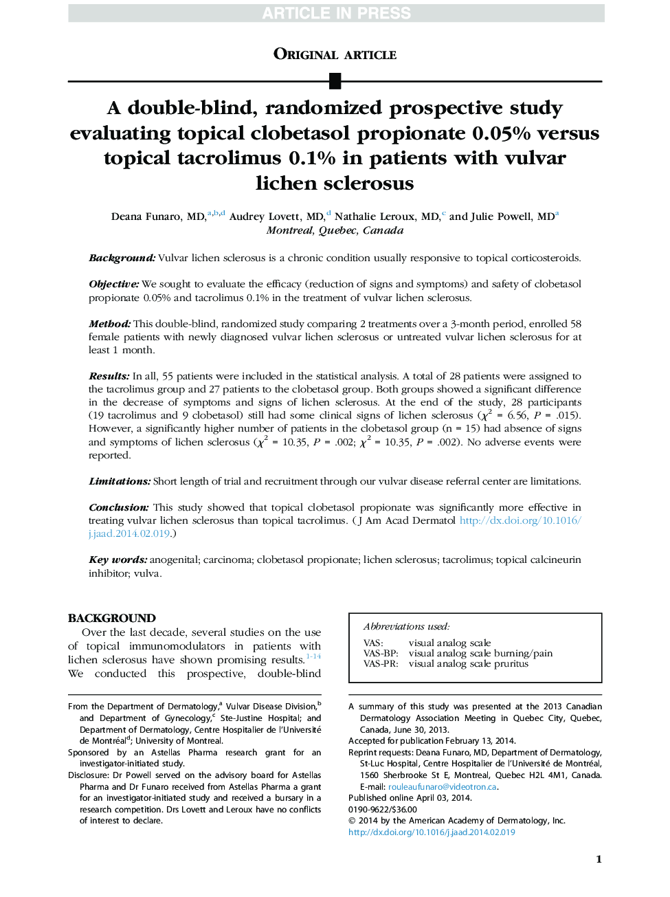 A double-blind, randomized prospective study evaluating topical clobetasol propionate 0.05% versus topical tacrolimus 0.1% in patients with vulvar lichen sclerosus