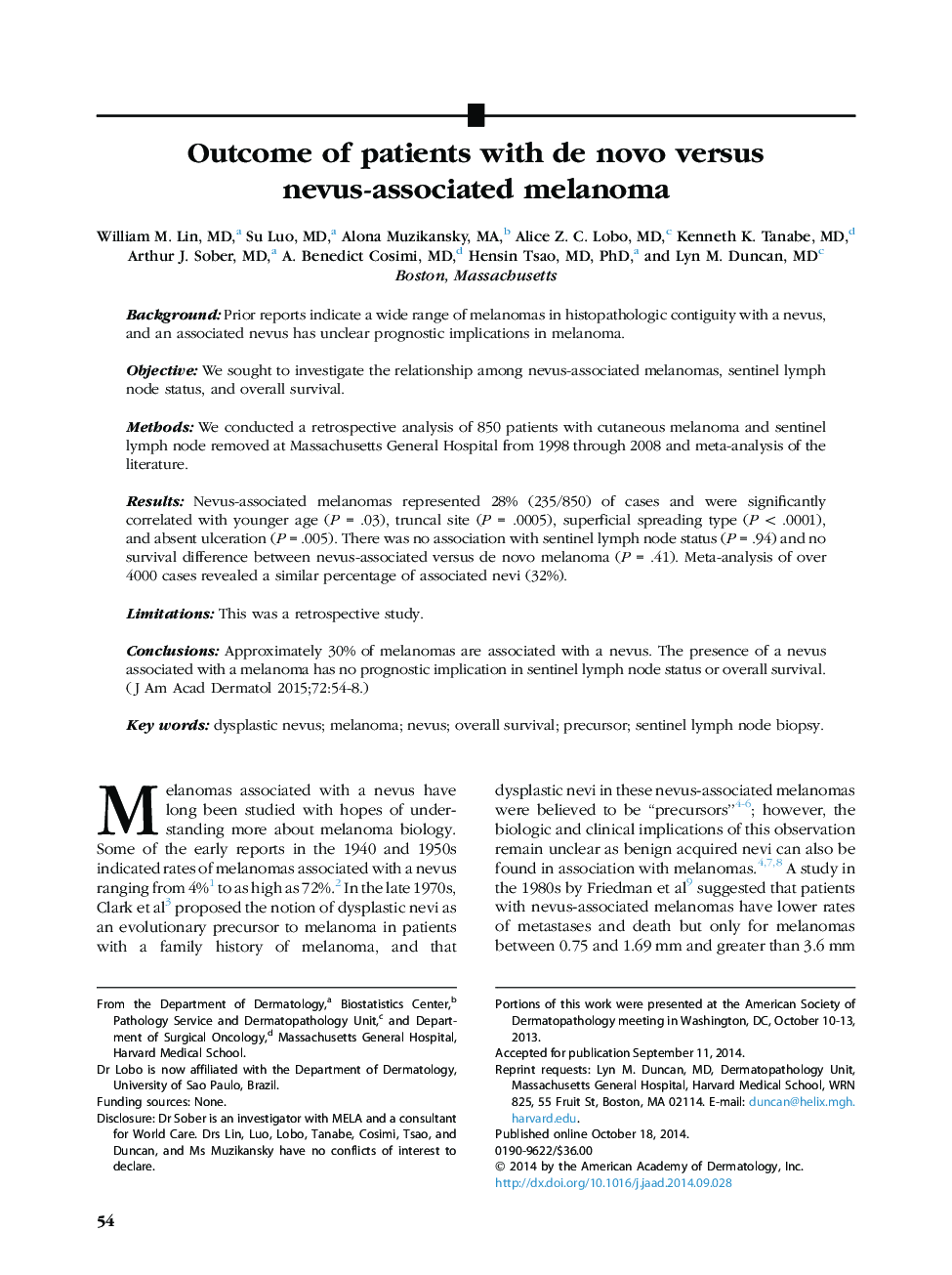 Outcome of patients with de novo versus nevus-associated melanoma