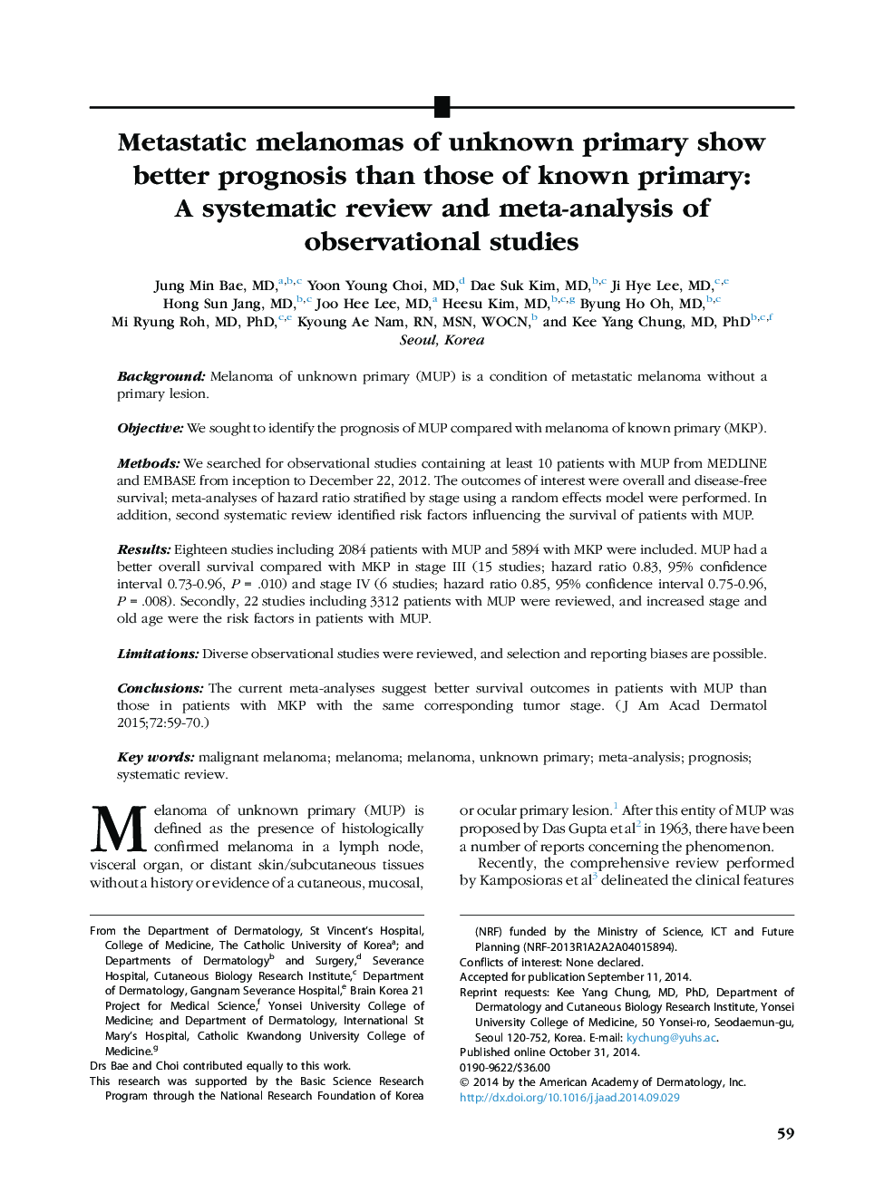 عکس صفحه اول مقاله: Metastatic melanomas of unknown primary show better prognosis than those of known primary: AÂ systematic review and meta-analysis of observational studies Metastatic melanomas of unknown primary show better prognosis than those of known primary: AÂ systematic review and meta-analysis of observational studies
