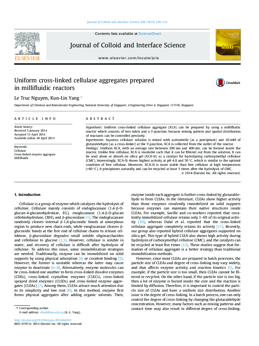 Uniform cross-linked cellulase aggregates prepared in millifluidic reactors