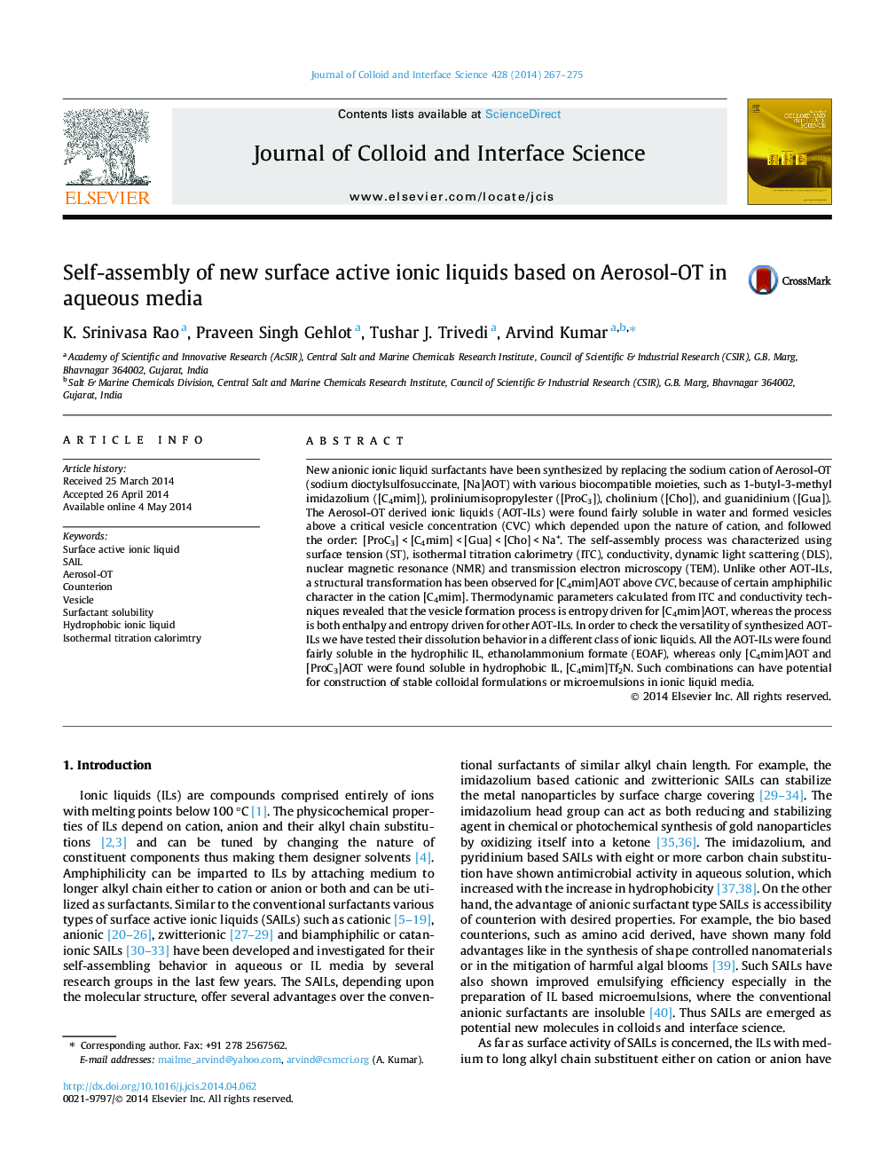 Self-assembly of new surface active ionic liquids based on Aerosol-OT in aqueous media