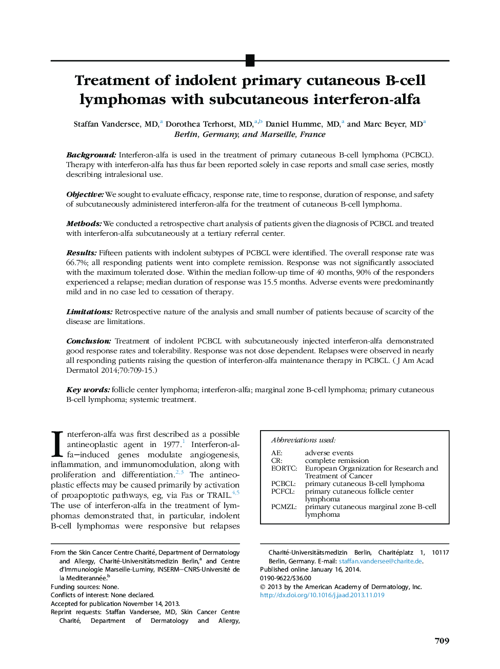 Treatment of indolent primary cutaneous B-cell lymphomas with subcutaneous interferon-alfa