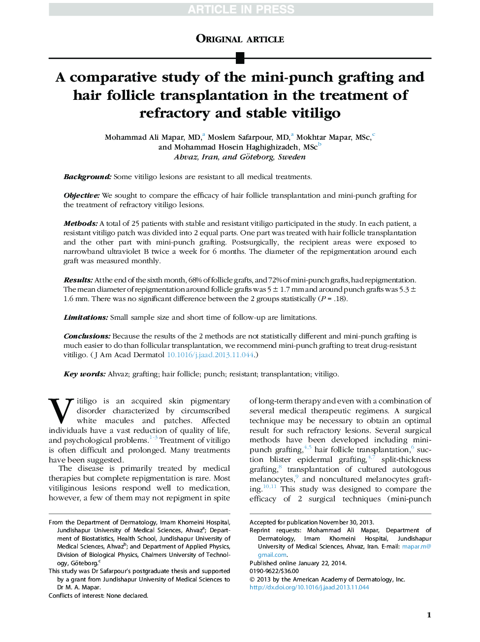 A comparative study of the mini-punch grafting and hair follicle transplantation in the treatment of refractory and stable vitiligo