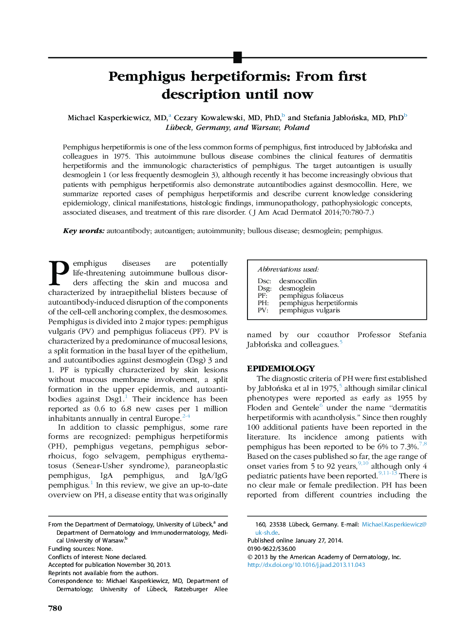 ReviewPemphigus herpetiformis: From first descriptionÂ untilÂ now