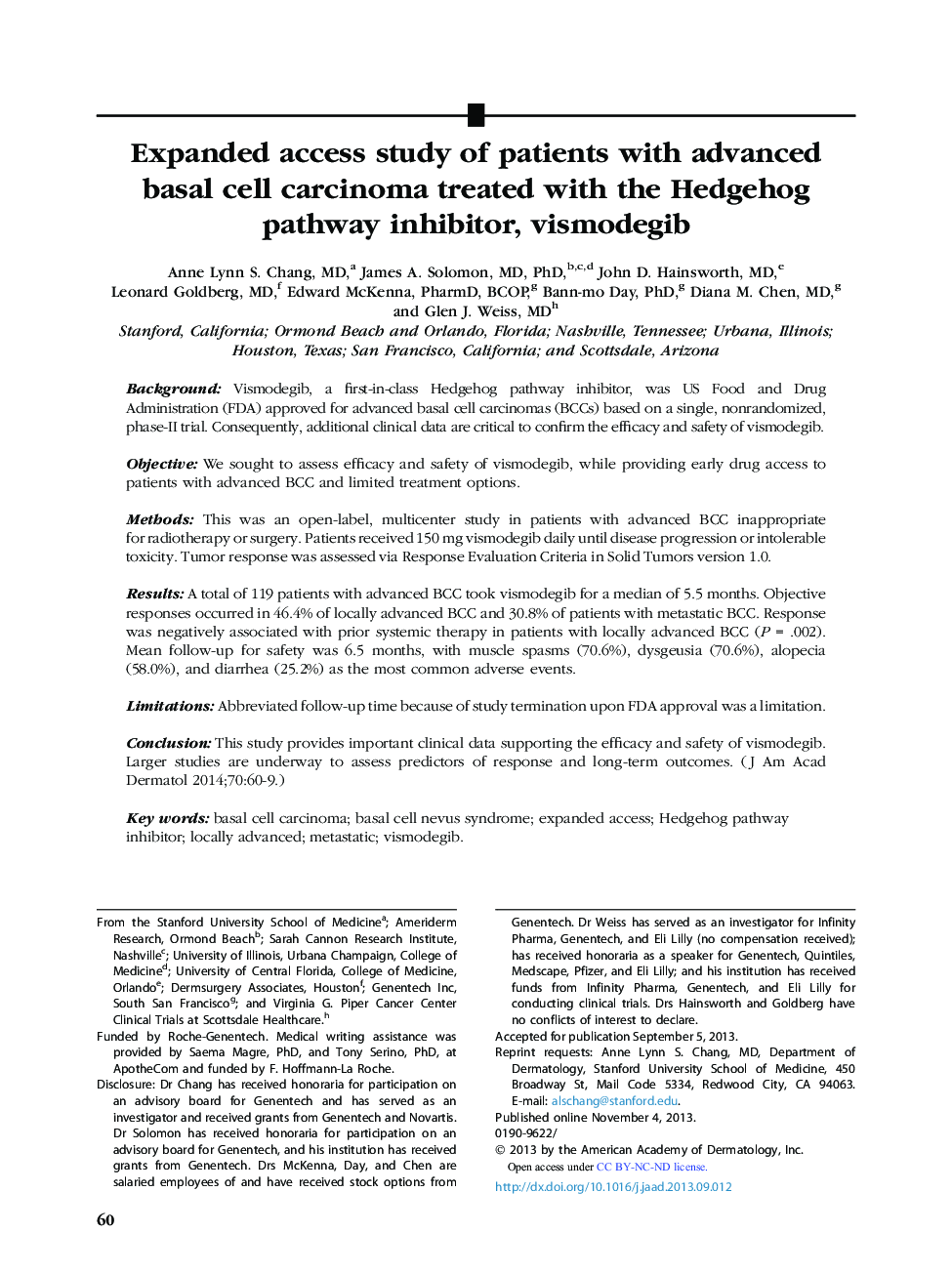 Original articleExpanded access study of patients with advanced basalÂ cell carcinoma treated with the Hedgehog pathway inhibitor, vismodegib