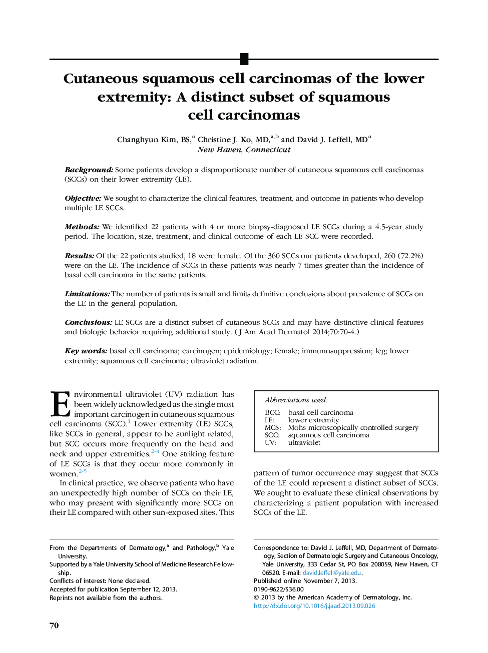 Original articleCutaneous squamous cell carcinomas of the lower extremity: A distinct subset of squamous cellÂ carcinomas