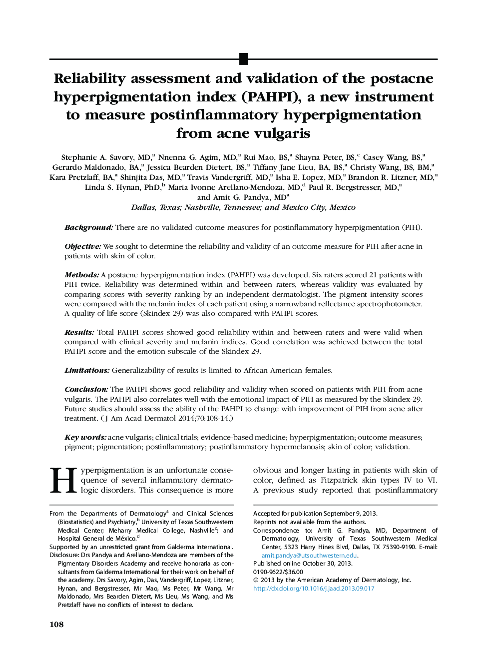 Reliability assessment and validation of the postacne hyperpigmentation index (PAHPI), a new instrument to measure postinflammatory hyperpigmentation from acne vulgaris