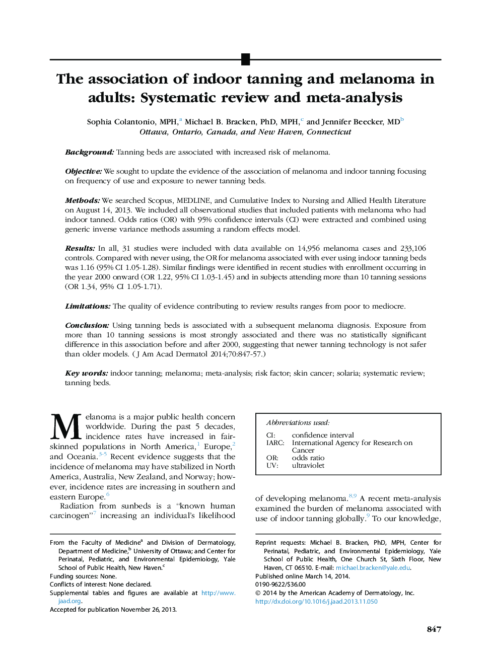 The association of indoor tanning and melanoma in adults: Systematic review and meta-analysis