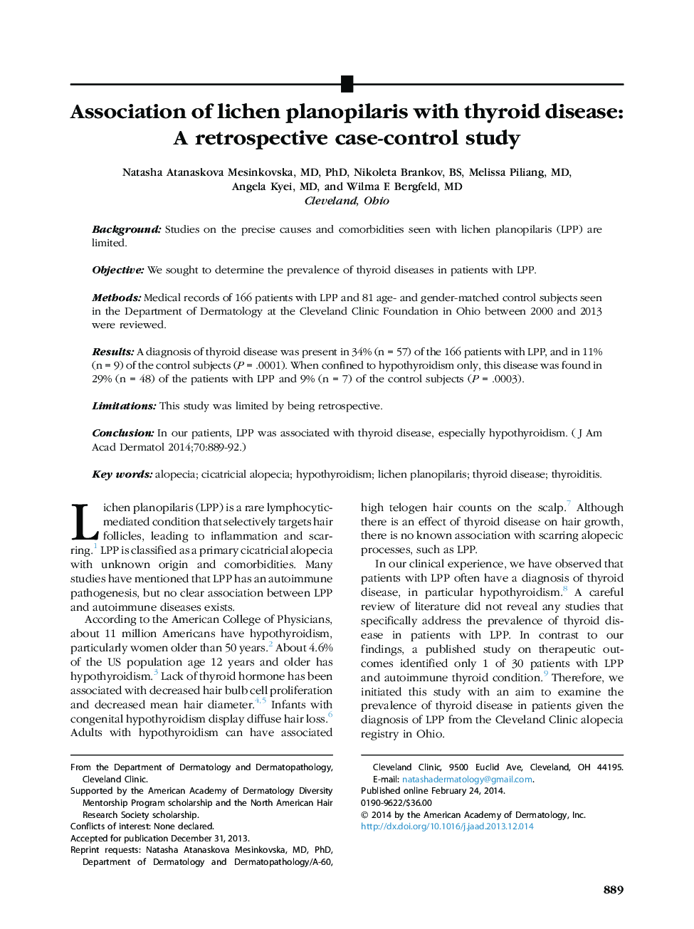 Association of lichen planopilaris with thyroid disease: A retrospective case-control study