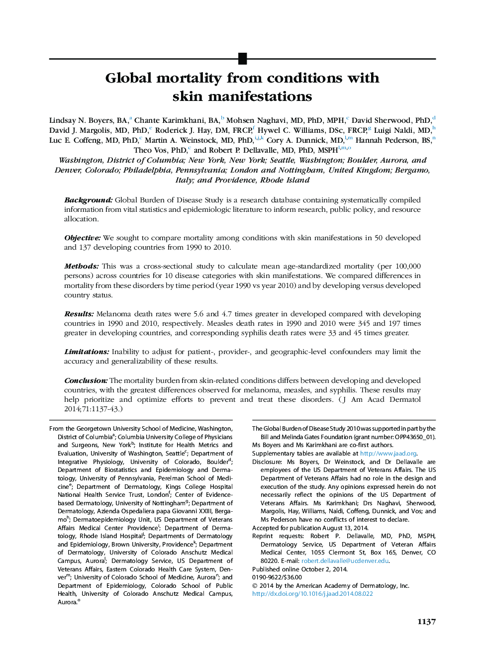 Original articleGlobal mortality from conditions with skin manifestations