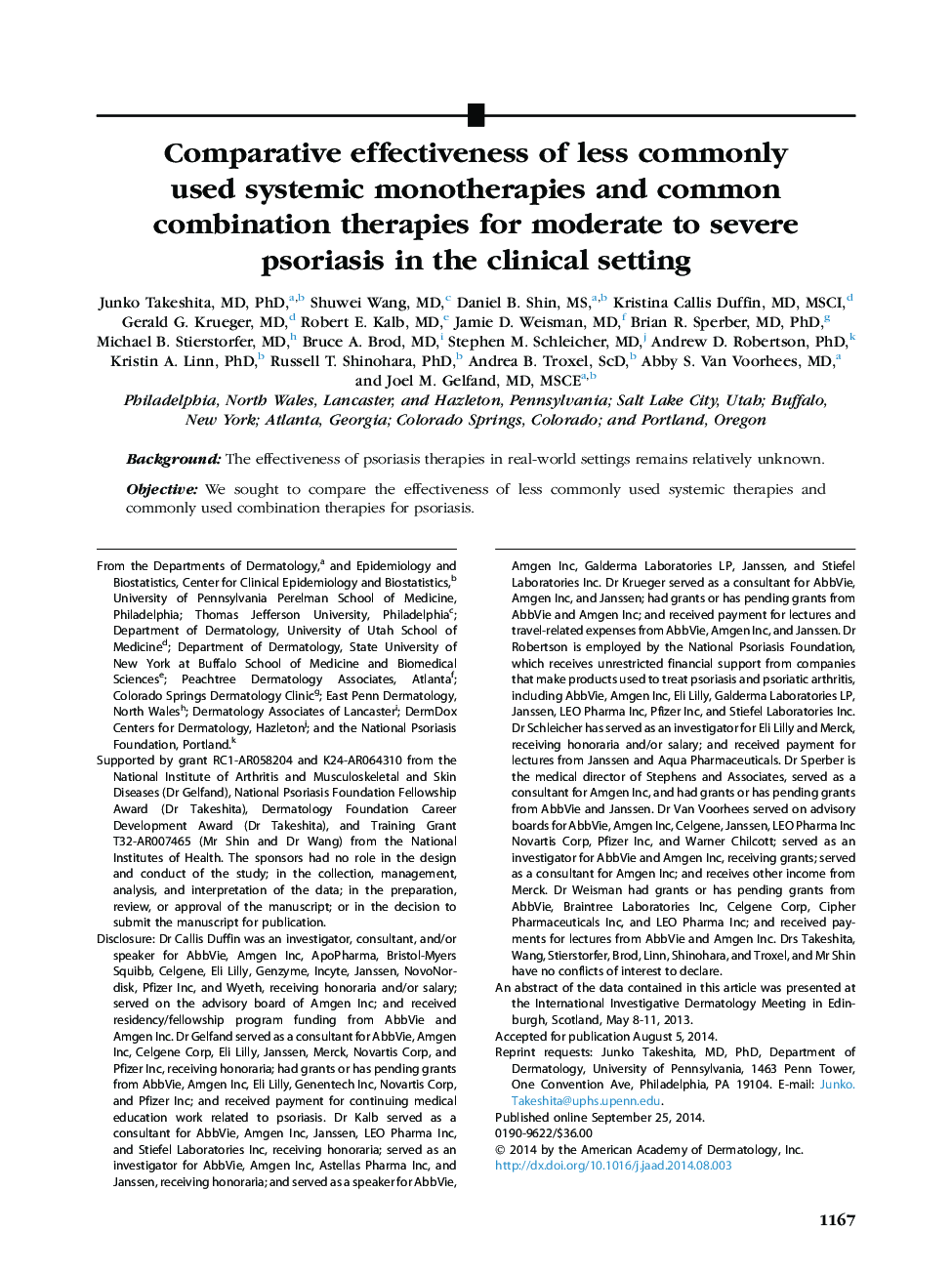 Original articleComparative effectiveness of less commonly used systemic monotherapies and common combination therapies for moderate to severe psoriasis in the clinical setting