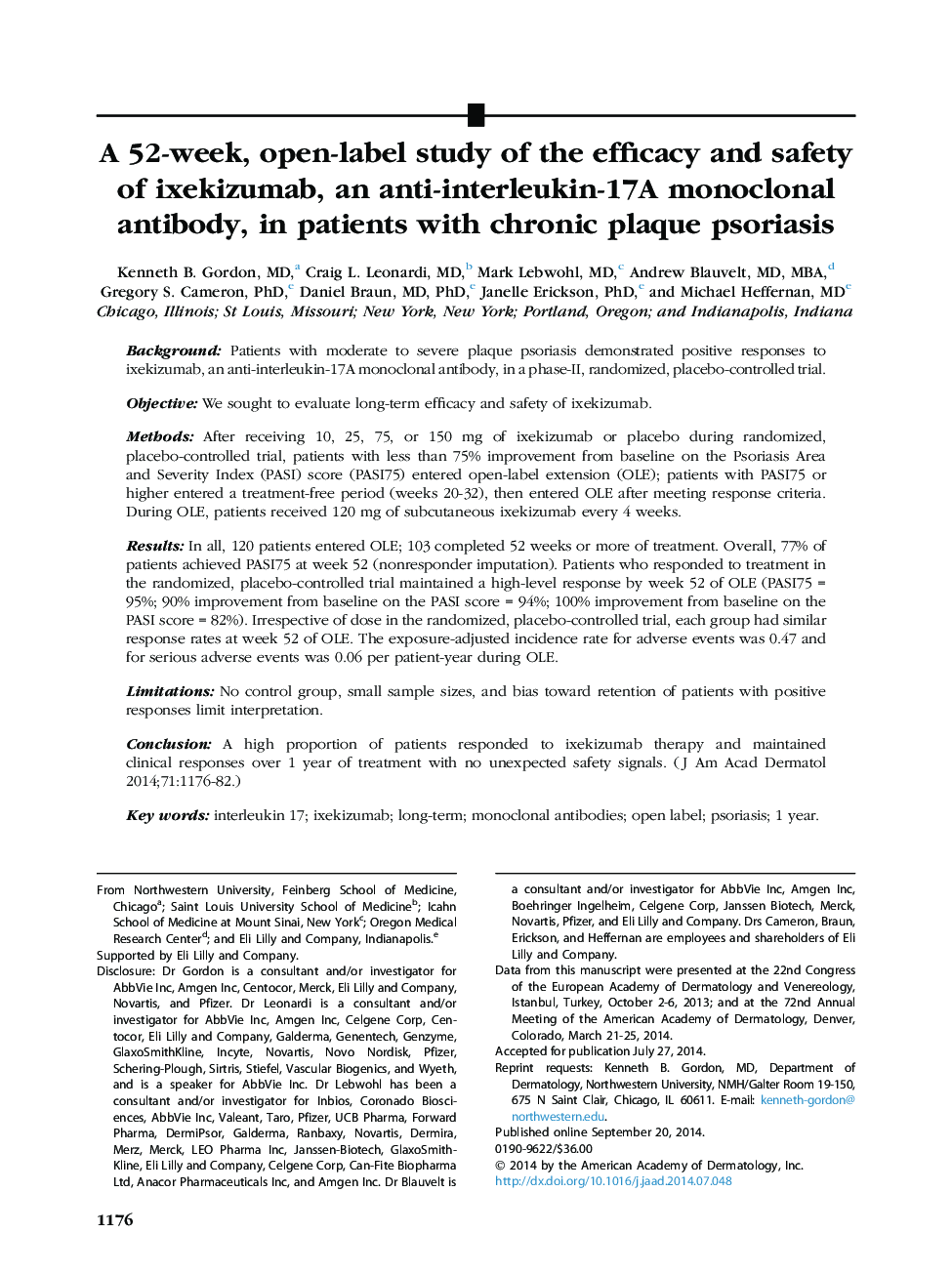 A 52-week, open-label study of the efficacy and safety of ixekizumab, an anti-interleukin-17A monoclonal antibody, in patients with chronic plaque psoriasis