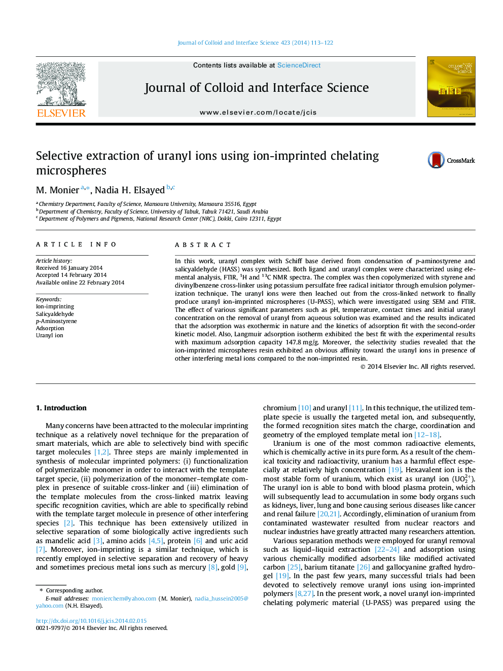 Selective extraction of uranyl ions using ion-imprinted chelating microspheres