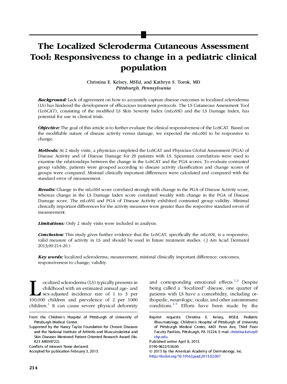 Original articleThe Localized Scleroderma Cutaneous Assessment Tool: Responsiveness to change in a pediatric clinical population