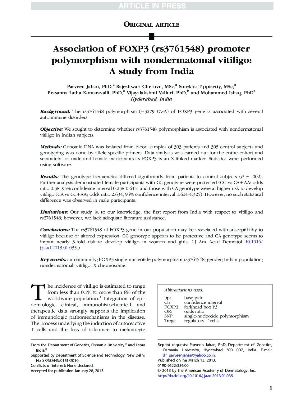 Association of FOXP3 (rs3761548) promoter polymorphism with nondermatomal vitiligo: A study from India