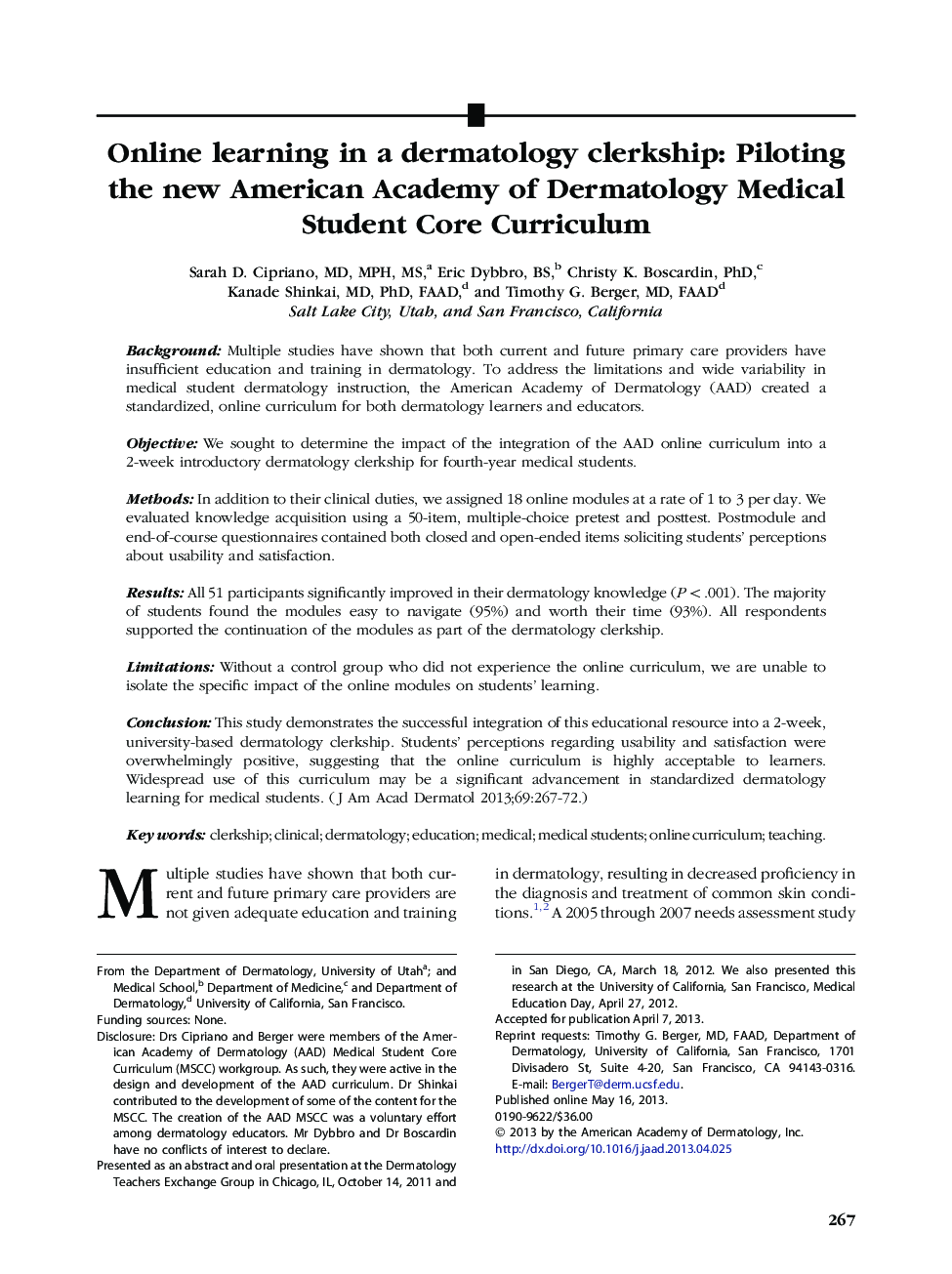 Original articleOnline learning in a dermatology clerkship: Piloting the new American Academy of Dermatology Medical Student Core Curriculum