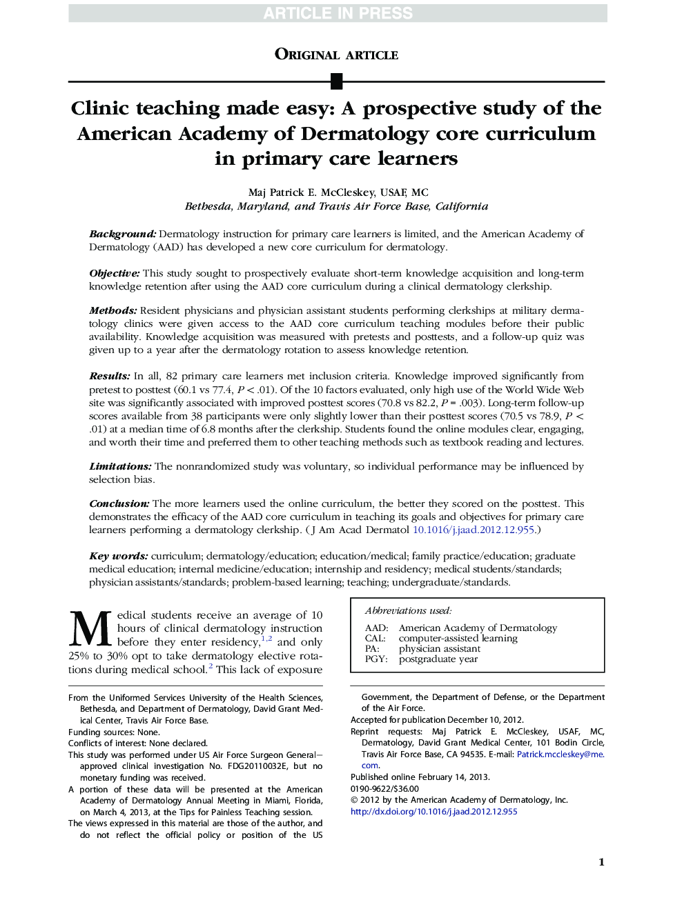 Clinic teaching made easy: A prospective study of the American Academy of Dermatology core curriculum in primary care learners