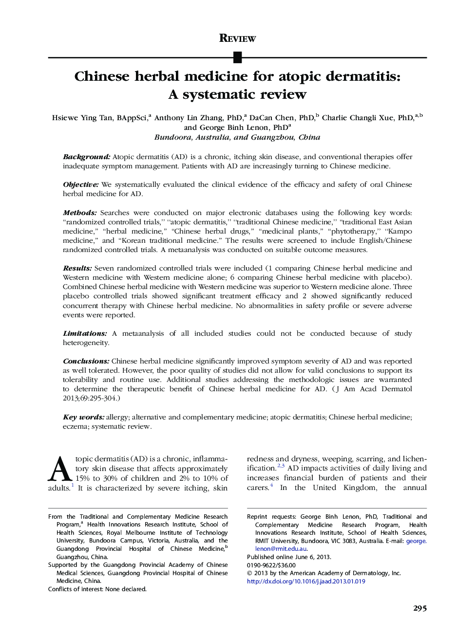 Chinese herbal medicine for atopic dermatitis: AÂ systematic review