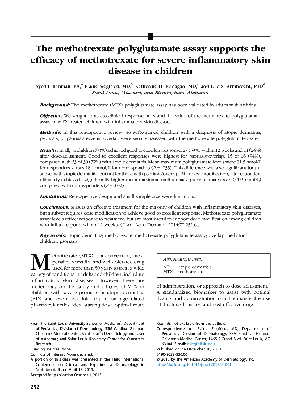 مقاله اصلی متلب اکسید پلی گولاتامات، اثربخشی متوترکسات را برای بیماری های شدید التهابی پوست در کودکان حمایت می کند 