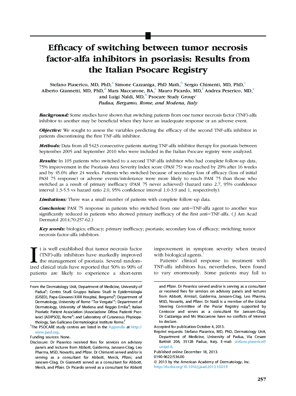 Efficacy of switching between tumor necrosis factor-alfa inhibitors in psoriasis: Results from the Italian Psocare Registry