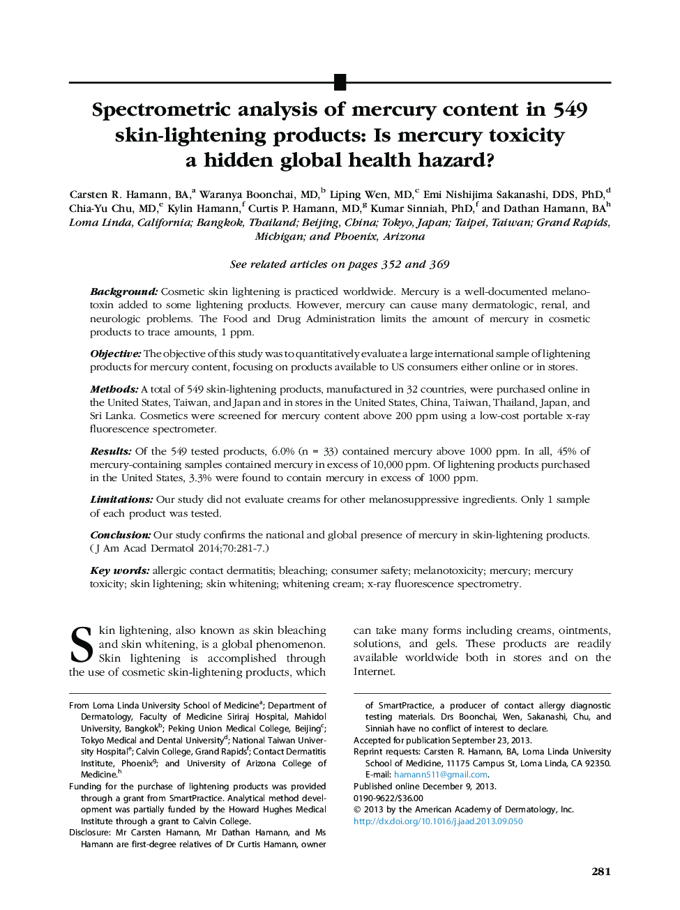 Spectrometric analysis of mercury content in 549 skin-lightening products: Is mercury toxicity aÂ hiddenÂ global health hazard?