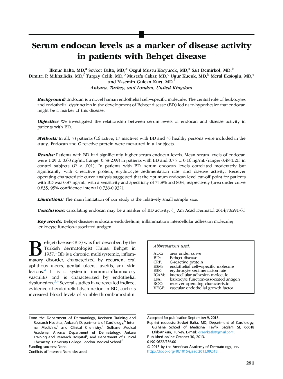 Serum endocan levels as a marker of disease activity inÂ patients with Behçet disease