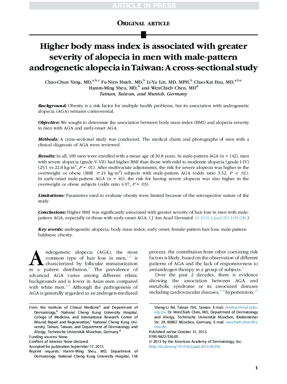 Higher body mass index is associated with greater severity of alopecia in men with male-pattern androgenetic alopecia in Taiwan: A cross-sectional study