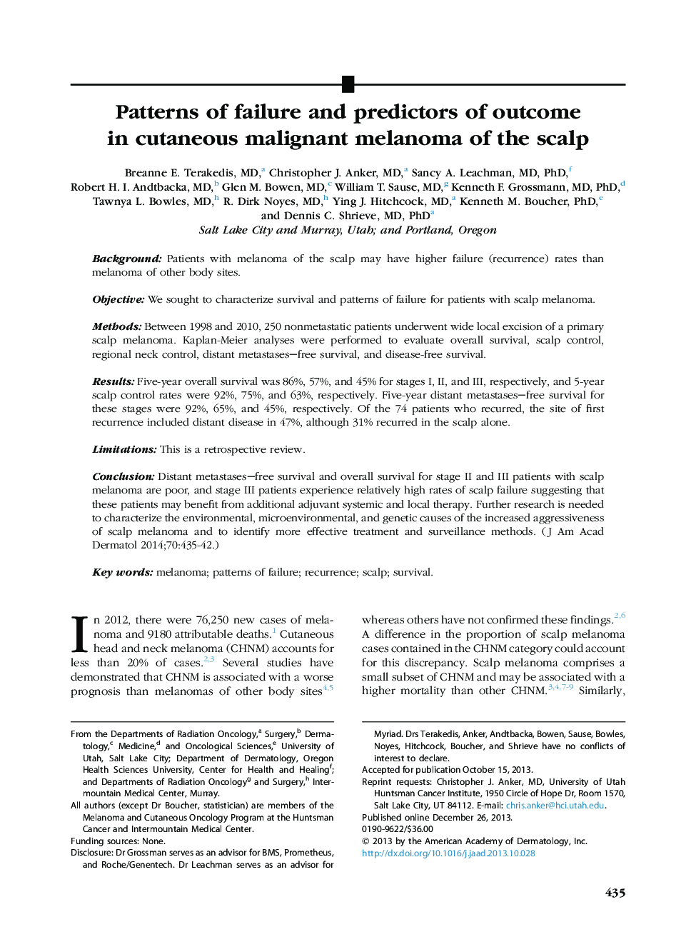 Original articlePatterns of failure and predictors of outcome in cutaneous malignant melanoma of the scalp