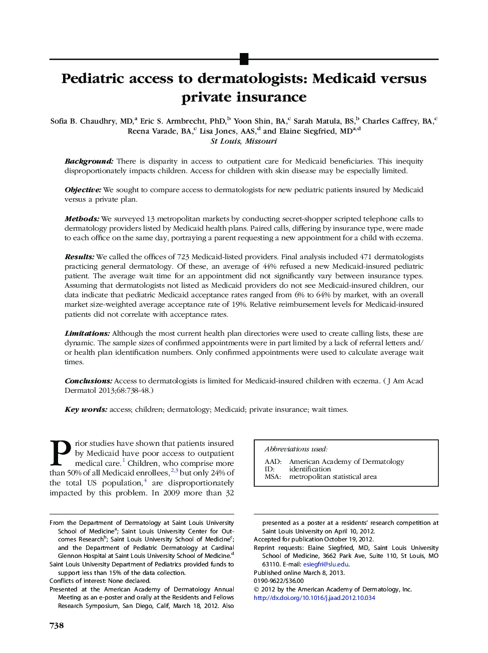 Original articlePediatric access to dermatologists: Medicaid versus private insurance